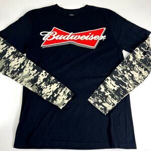 Budweiser Mens Anheuser-Busch‎ Graphic T-Shirt Black Green Camo Long Sleeve M